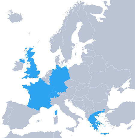 Karte von Europa mit blauen Markierungen einzelner Länder